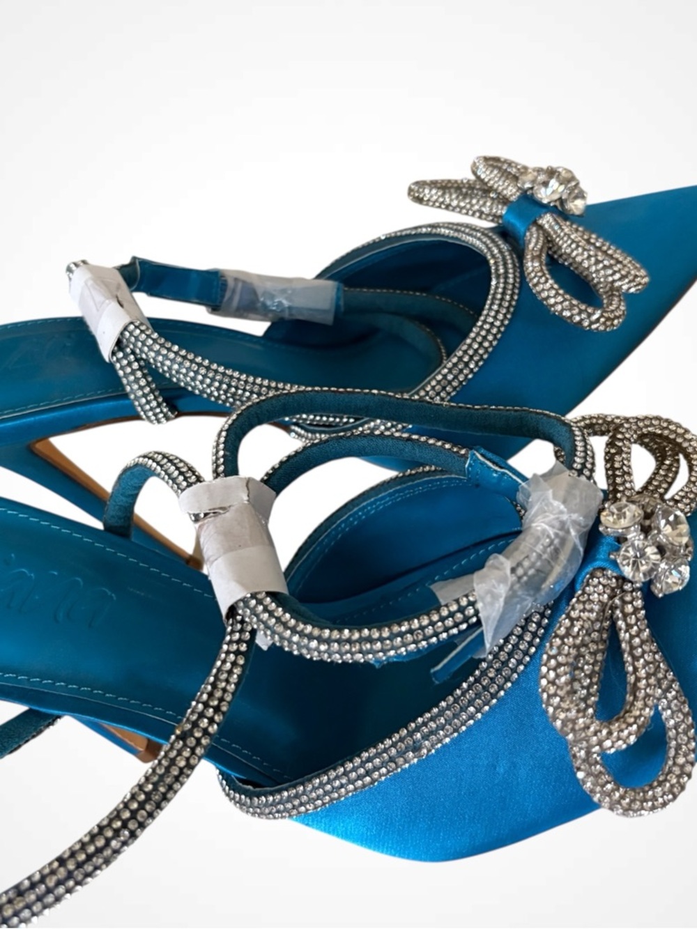 Liliana Teal Satin Pointed-Toe Slingback Heels with Crystal Bow